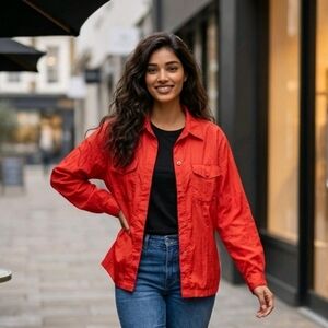 Vintage Josephine Vibrant Red Satin Long Sleeve Button Up Blouse Festive Holiday